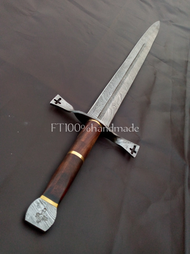 Handmade Damascus steel sword with rosewood and brass handle; leather sheath included.
