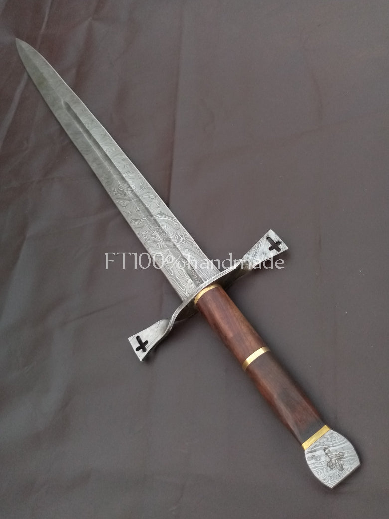 Handmade Damascus steel sword with rosewood and brass handle; leather sheath included.