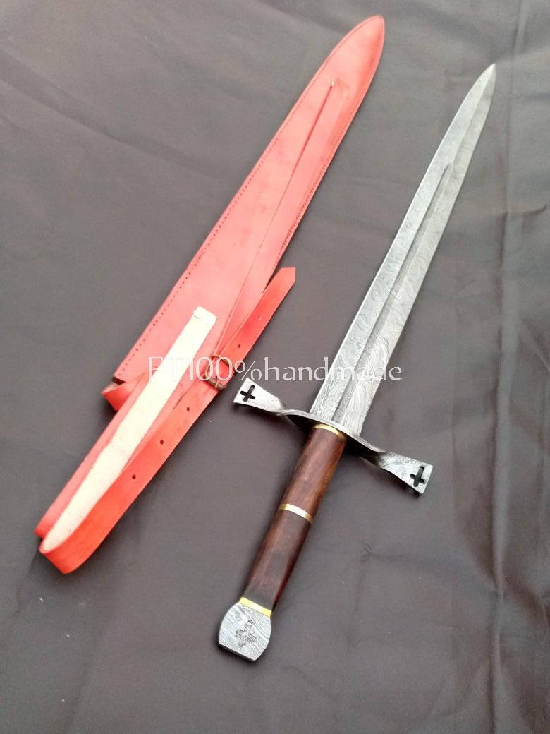 Handmade Damascus steel sword with rosewood and brass handle; leather sheath included.